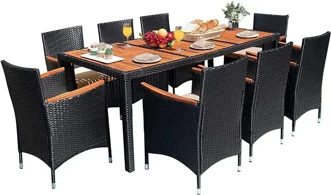 Acacia Wood Top Patio Conversation Set With Rattan Table And Chairs