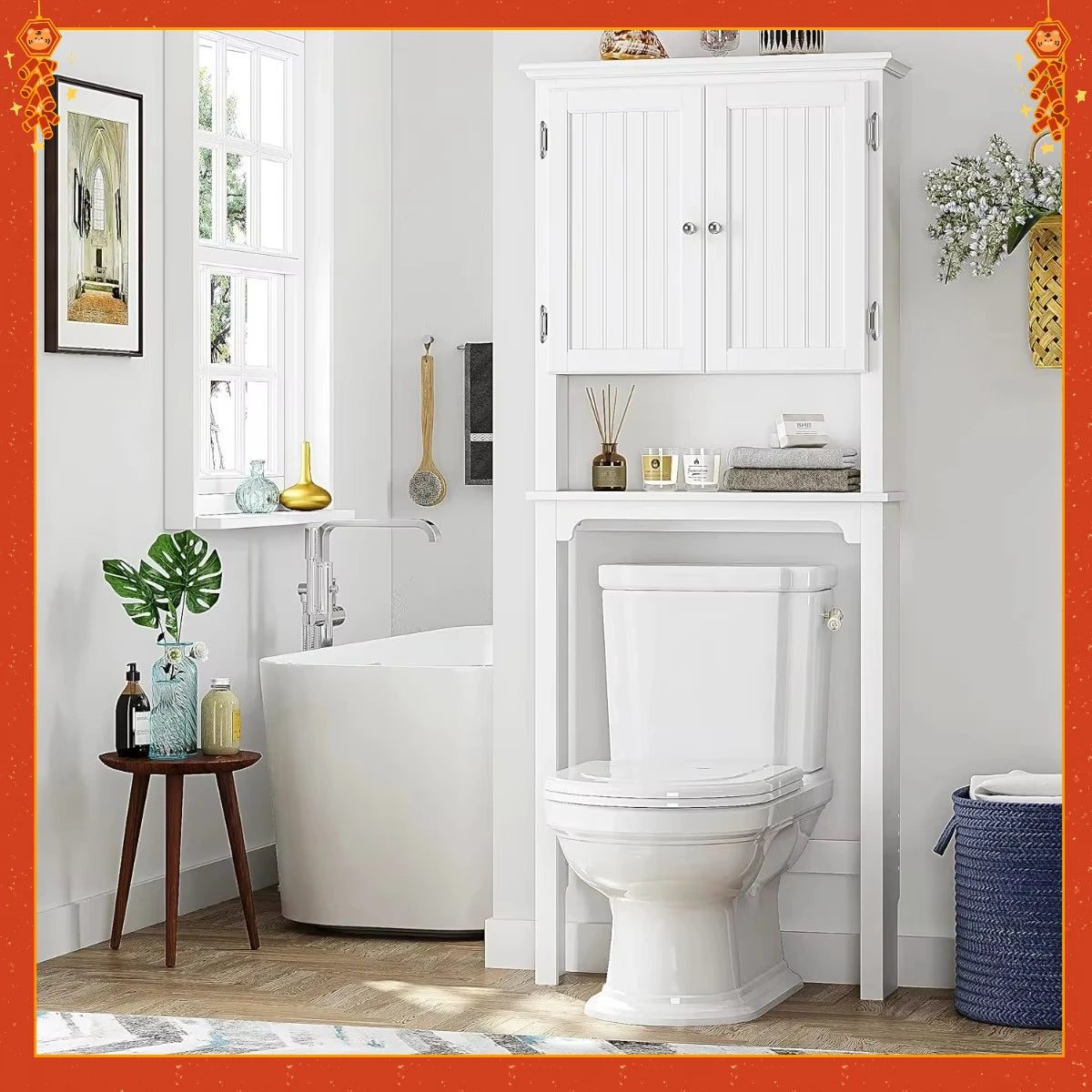 White Over-Toilet Storage Cabinet with Double Doors. Adjustable Shelf Organizer for Bathroom Space Saving.