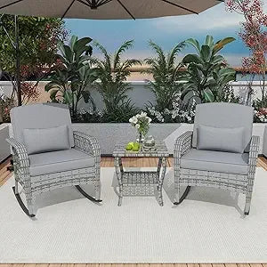 Patio Three Piece Rocking Chairs Set With Wicker Table