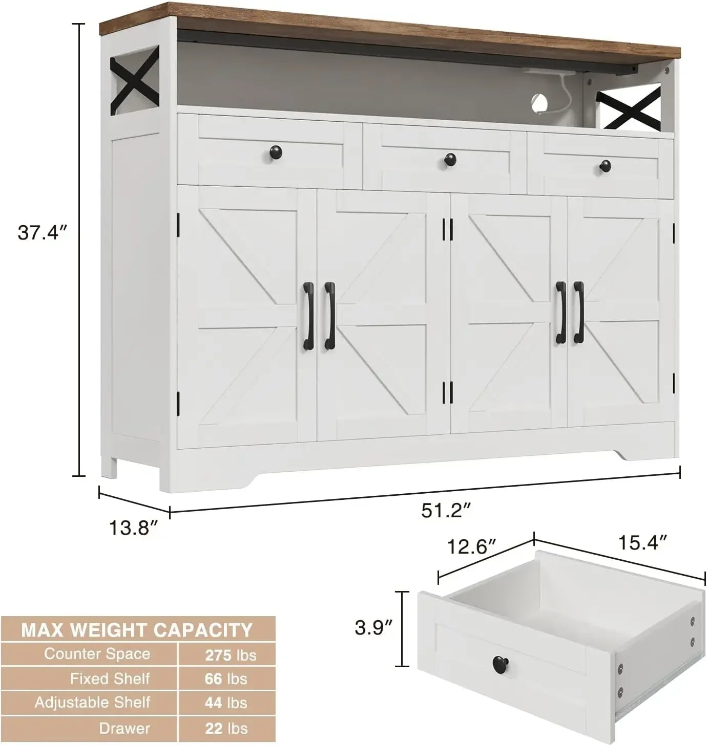 XMSJ Farmhouse Buffet Cabinet With Drawers And Open Shelf