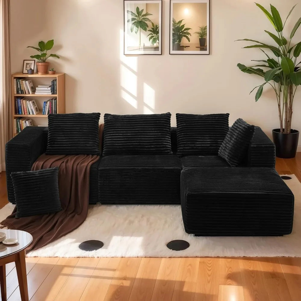 106" Black Cloud Sofa with L-Shaped Chaise Longue, Modern Modular couches with Deep Seats, Fluffy couches for Living Room