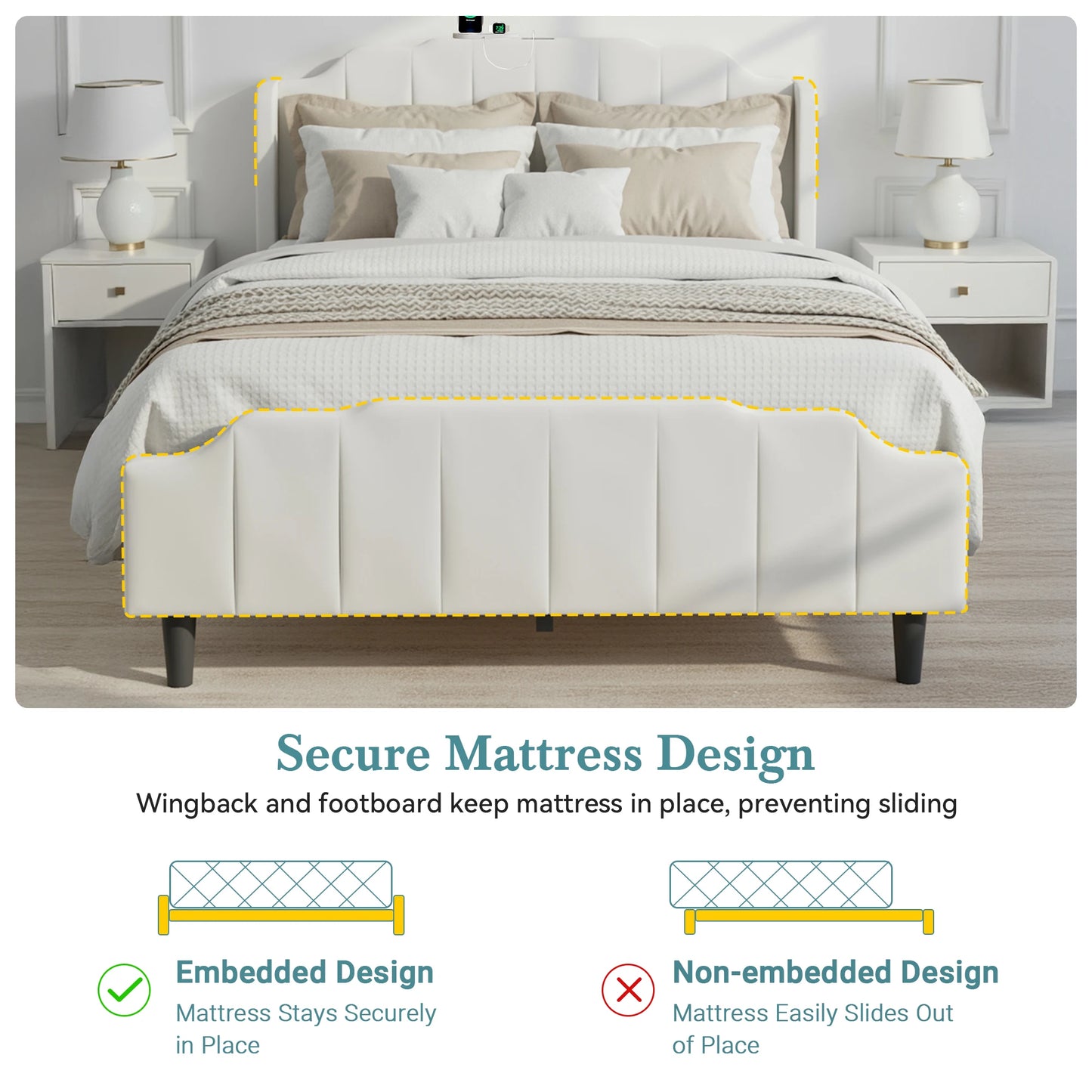 HOOMIC Velvet Platform Bed Frame With Tufted Wingback Headboard ChargingStation