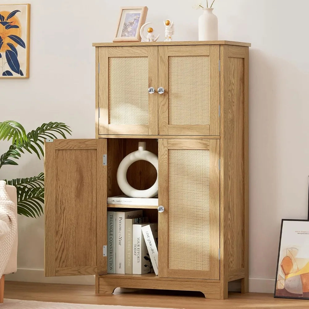 Rattan Door Storage Cabinet with Adjustable Shelves for Bathroom and Living Room