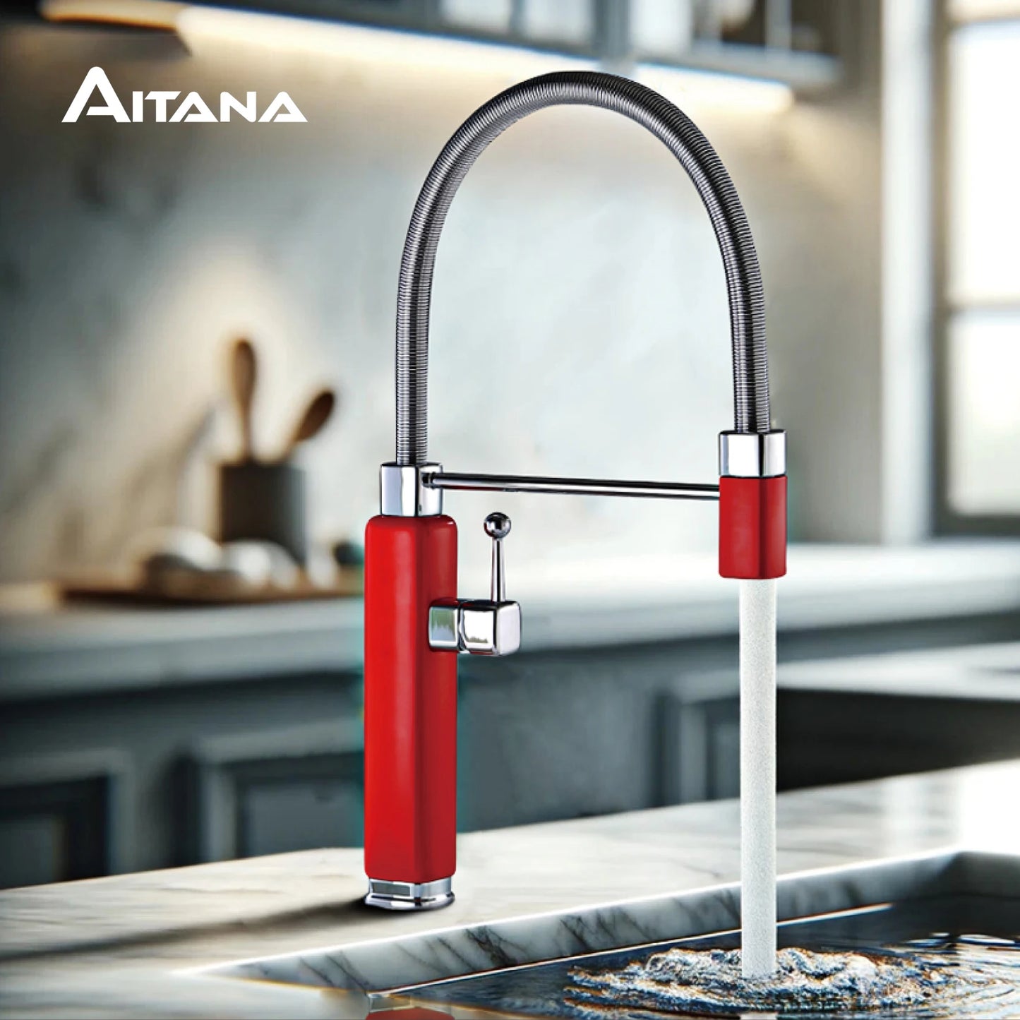 Modern luxury brass red kitchen faucet with retro design, pull-out water outlet, single handle hot and cold water sink Mixer