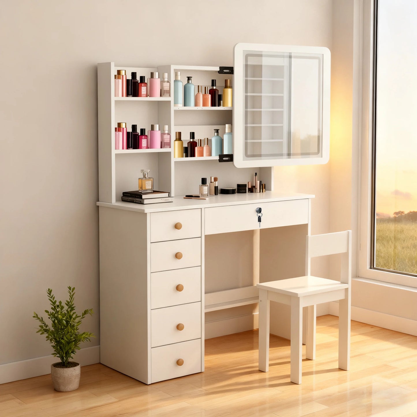 Simple Modern Makeup Vanity With LED Mirror And Storage Shelves