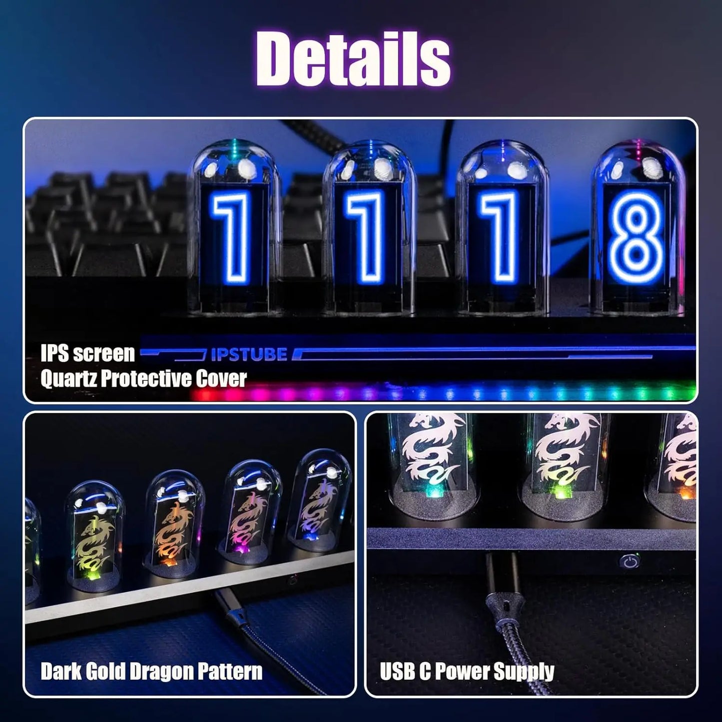 Night Light DIY Nixie Tube Clock Kit Simulation, Digital Clock APP Time Calibration, 3 Light Mode, 12/24h Display IPS