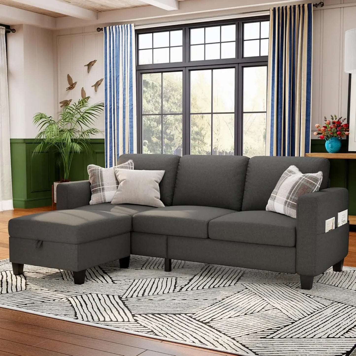 Sectional Sofa Couches for Living Room - 78''L Shaped Beige CoucLinen-Pet Friendly Modular 3-Seater Convertible Sofas-Washable