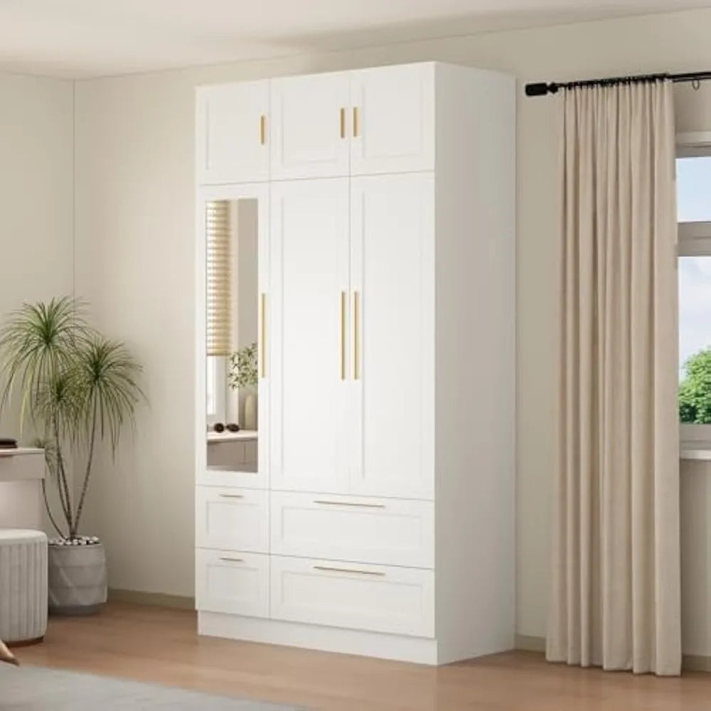 modern wooden wardrobe with mirror, hanging rod, shelves, and 4 drawers for bedroom storage