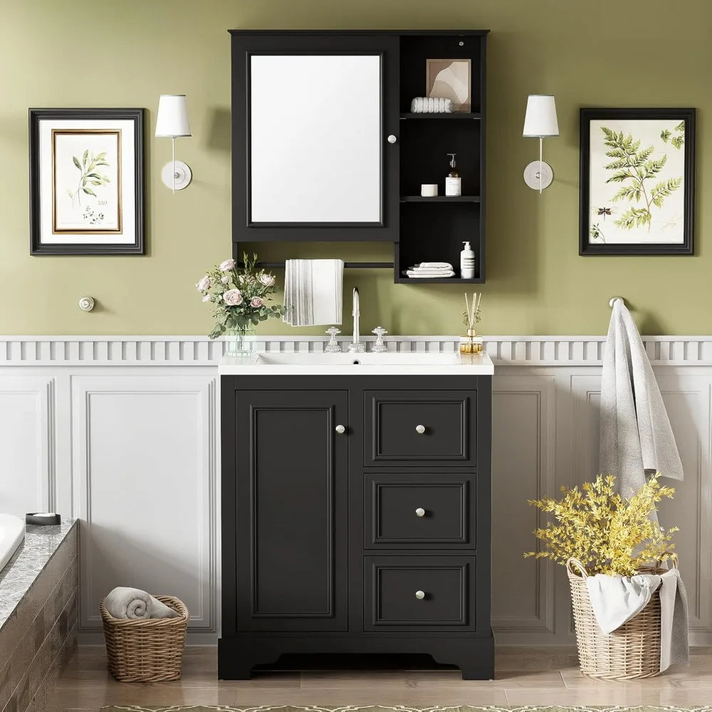 30-inch Bathroom Vanity with Sink, Modern Elegant Bathroom Storage Cabinet with 3 Drawers and Adjustable Shelves, freestanding V