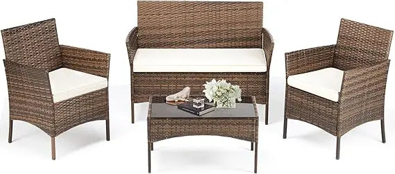 patio furniture set 4 pieces, outdoor wicker furniture with coffee table, modern rattan patio chairs conversation sets with sof