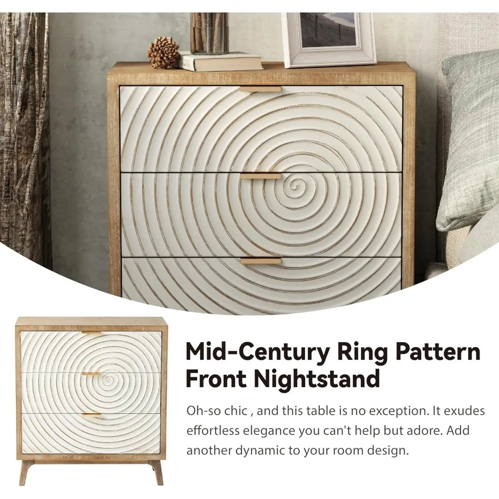 Chengwei Farmhouse 3 Drawer Nightstand With Wood Ring Motif