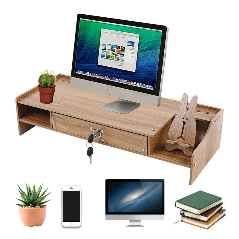 Desk Organizer Monitor Stand Built Storage Drawer with Phone Holder Display Cabinet Wooden Box Office Supplies