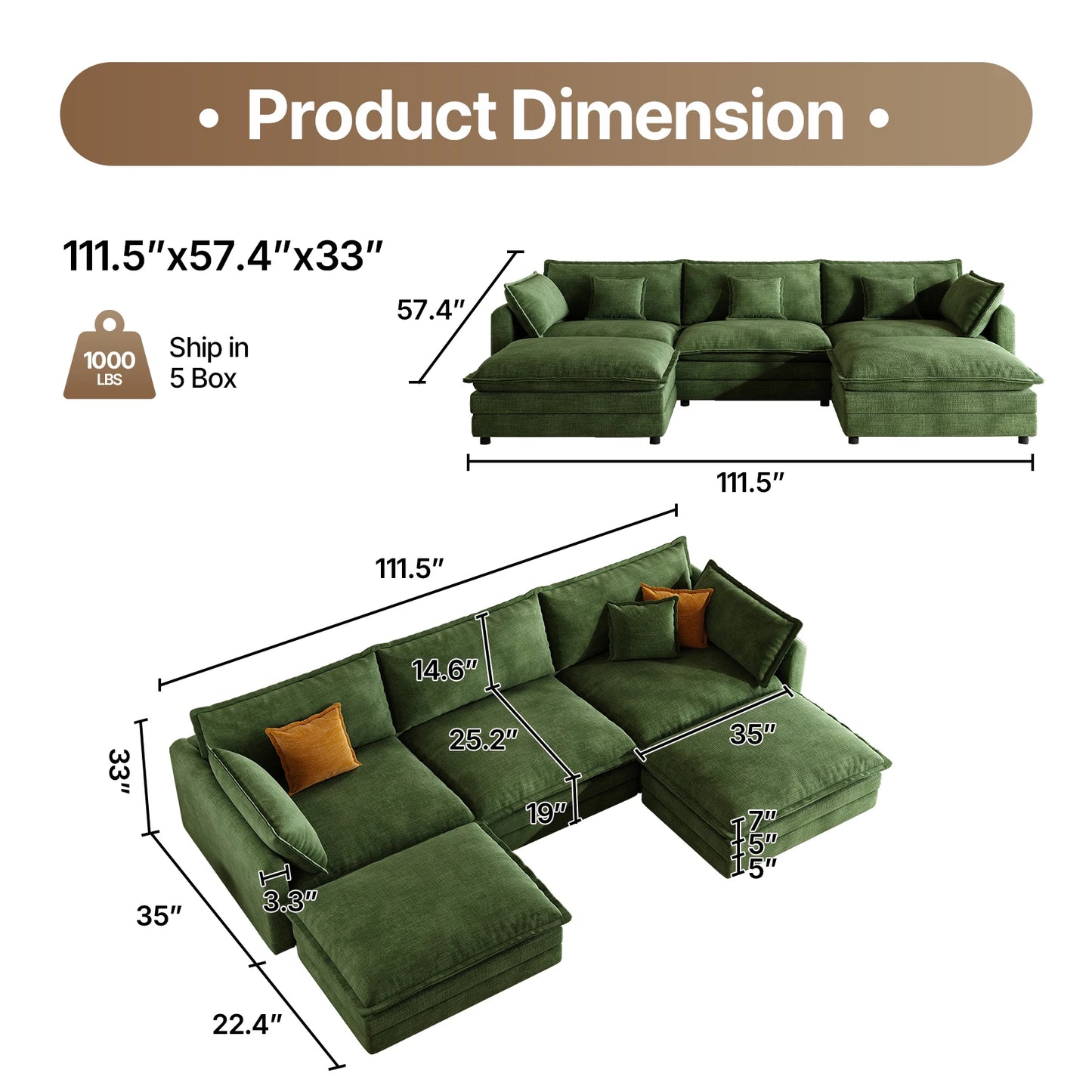 QWCCN L Shaped Modern Chenille Sofa Sectional With Ottoman