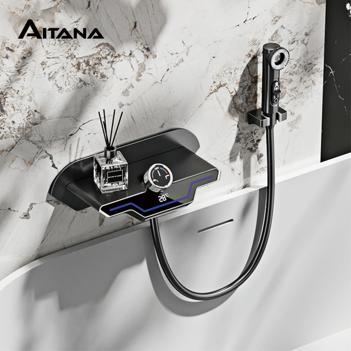 Luxury black brass wall mounted thermostatic bathroom faucet with LED digital display design, embedded hot and cold bathtub Tap