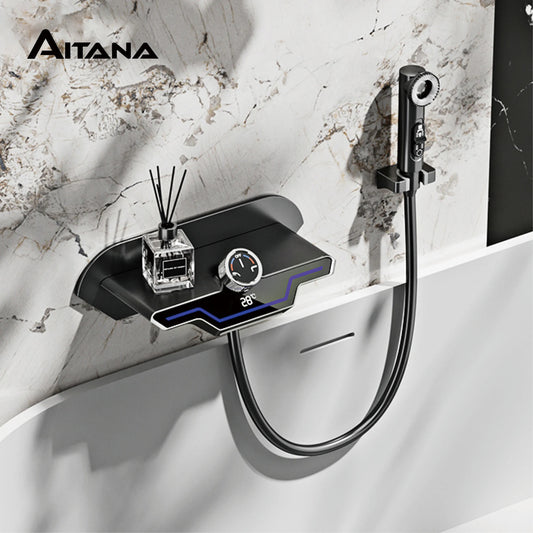 Luxury black brass wall mounted thermostatic bathroom faucet with LED digital display design, embedded hot and cold bathtub Tap