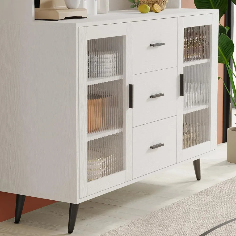 Kitchen Hutch Storage Cabinet, Modern Kitchen Pantry with Glass Doors and 3 Drawers, Freestanding Cupboard Sideboard Buffet Cab