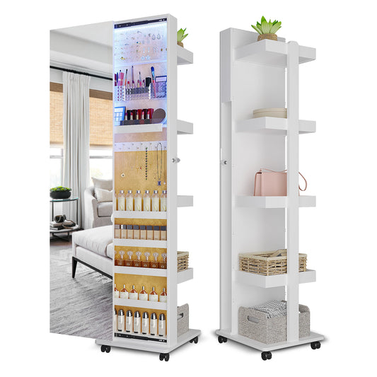 360 Degree Rotating LED Jewelry Armoire With Full Length Mirror Capacity Floor Standing Organizer In 3 Color Dimmable