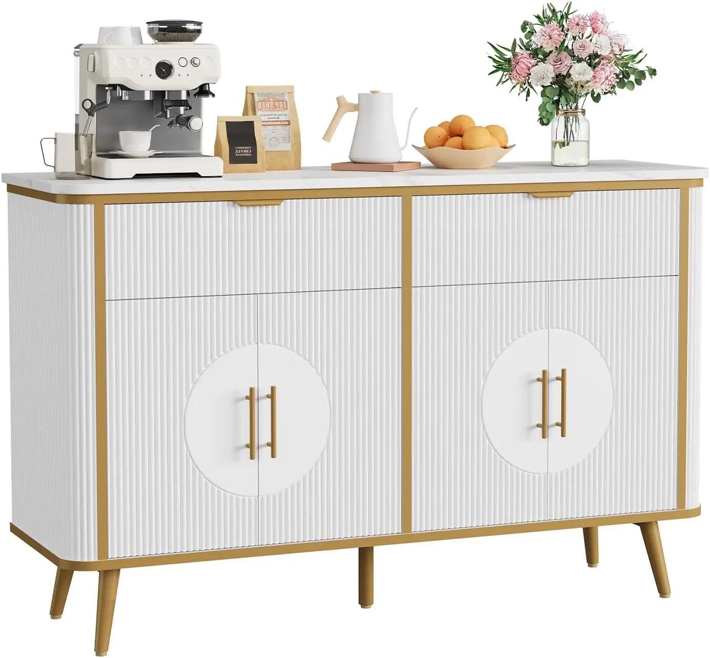 "47.2" Fluted Buffet Cabinet - Modern Coffee Bar with 2 Drawers & Adjustable Shelves, Kitchen/Dining Room Sideboard"