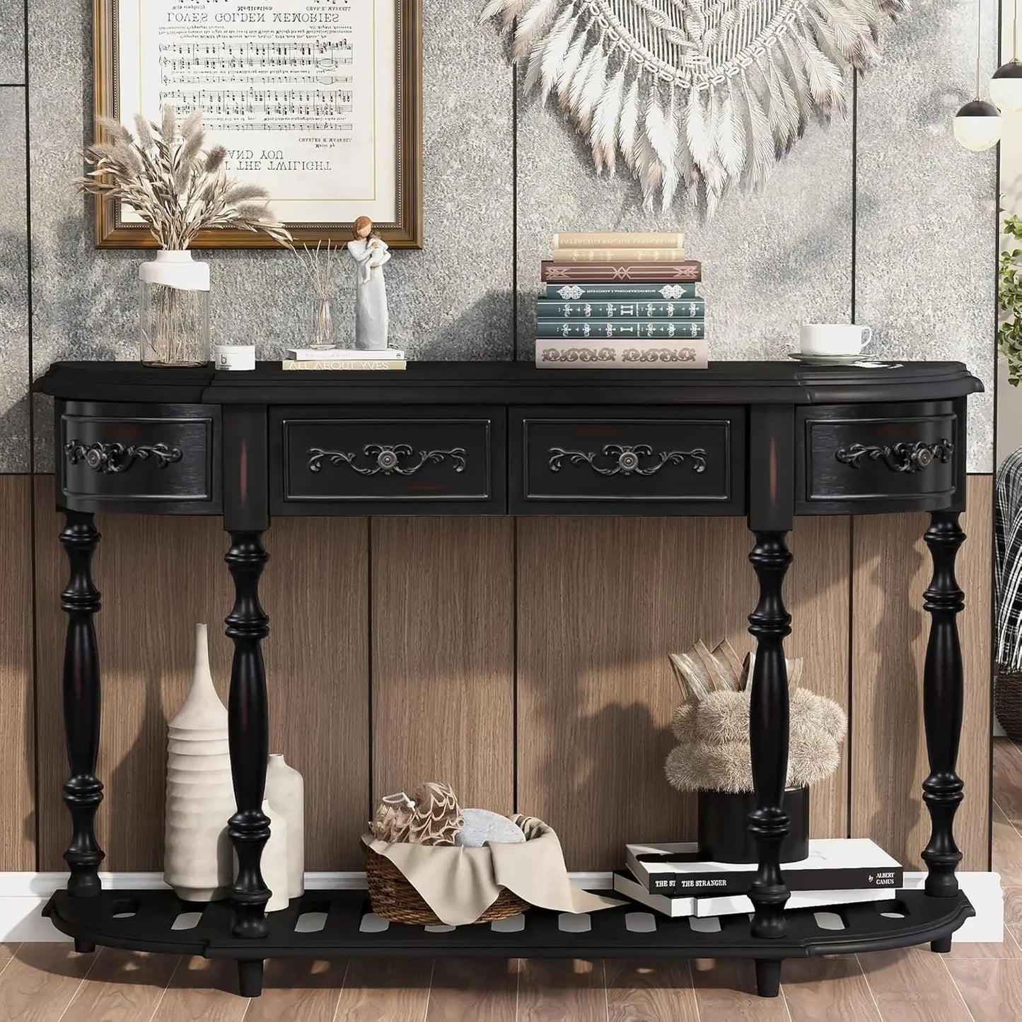 XMSJ Retro Wood Curved Console Table Half Moon Entryway Table