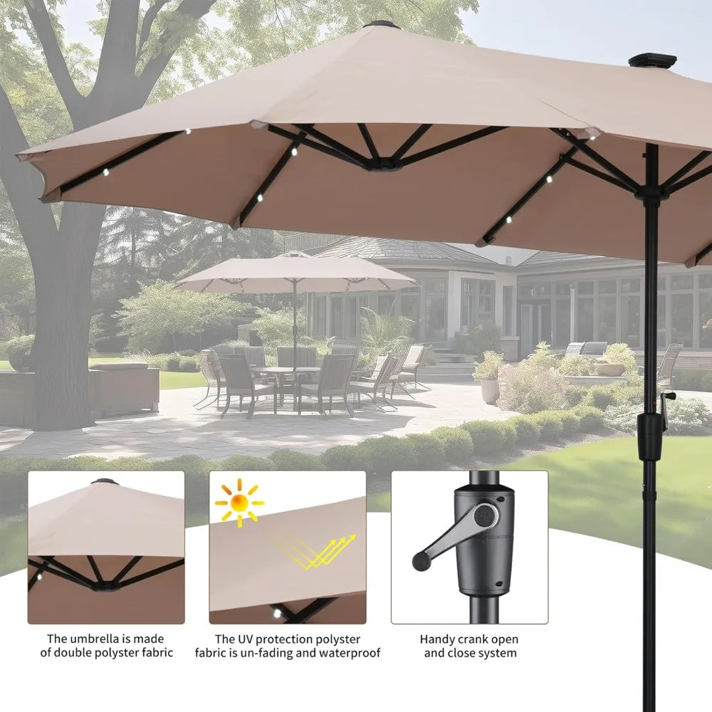 13 FT Rectangular Patio Umbrella and Matching Base with 36 Solar Powered LED Lights Ultimate Sun Protection