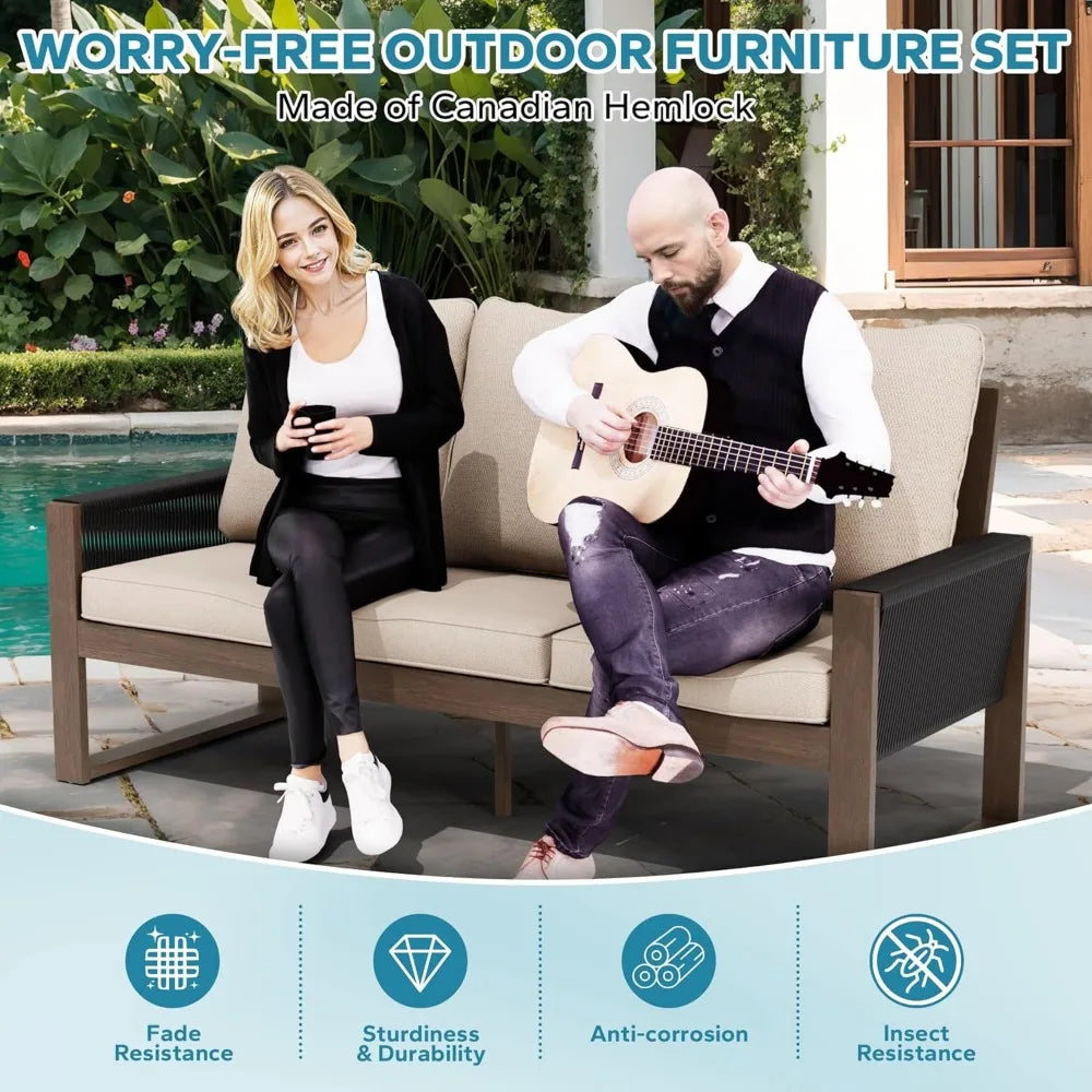 MKDK Patio Wood and PET Rope Sofa With Coffee Table