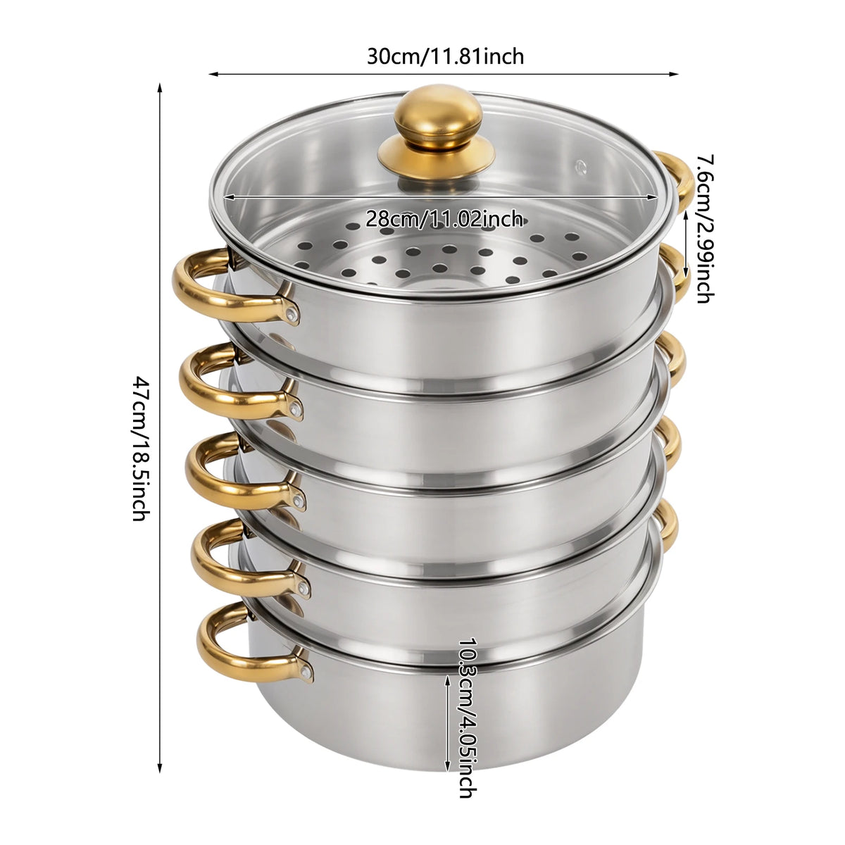 Bymaocar Five Tier Stainless Steel Steamer Pot With Viewing Lid