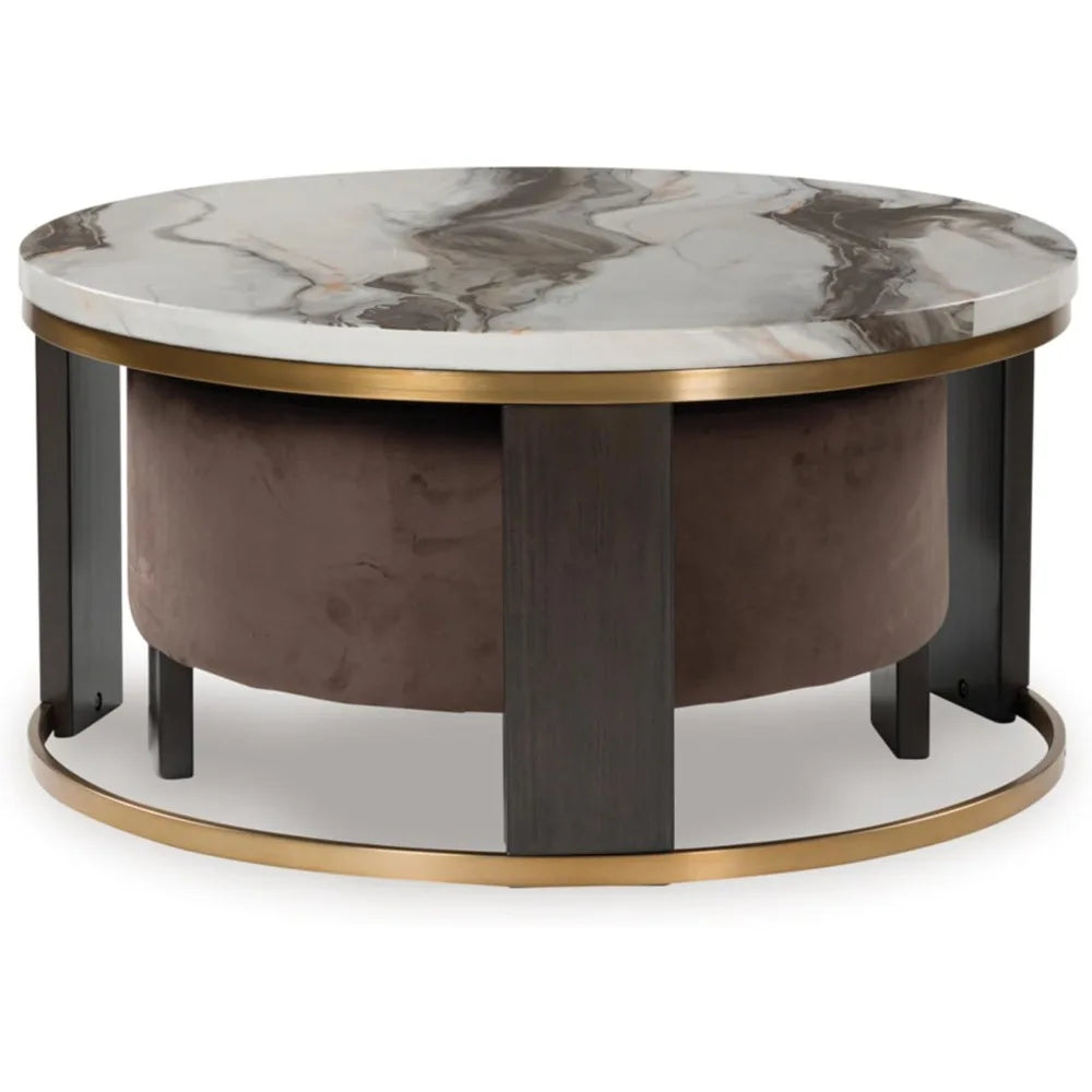 Faux Marble Nesting Coffee Tables With Velvet Ottomans Set Two