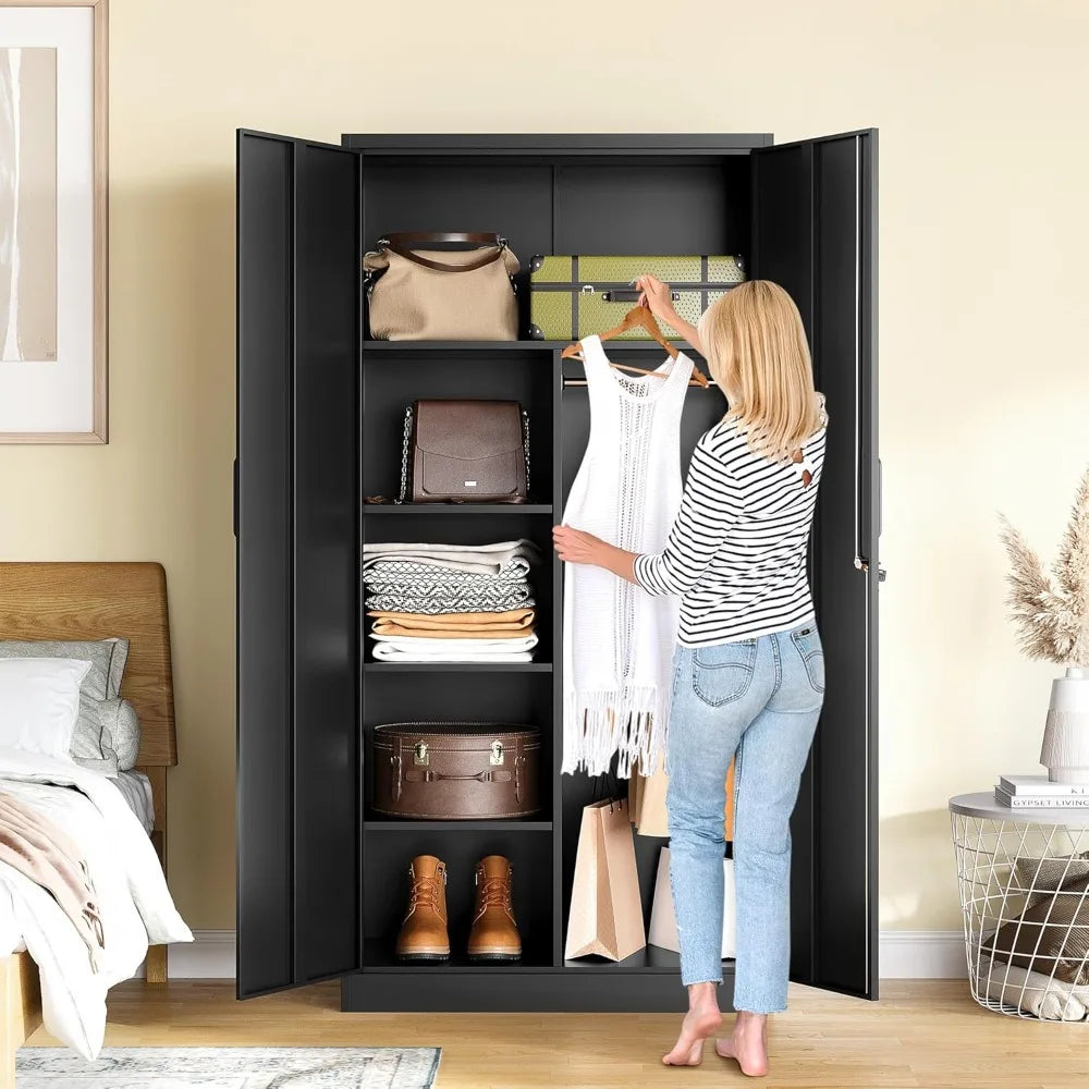 Metal Wardrobe Cabinet with Lock, 72 Armoire Closet with Hanging Rod, Lockable Storage Locker, Black Storage Cabinet with Lockin