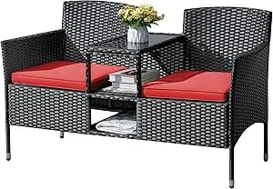 Outdoor Furniture Patio Loveseat Wicker 2-Seat with Built-in Table and Cushions Rattan Porch Chairs Bench for Balcony, Lawn, Ba