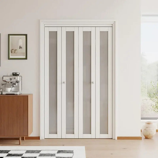 Bifold Doors for 48"x 80" (Double 24x80 Doors) Opening, Tempered Frosted Glass Bifold Closet Door with Sliding Hardware Kit