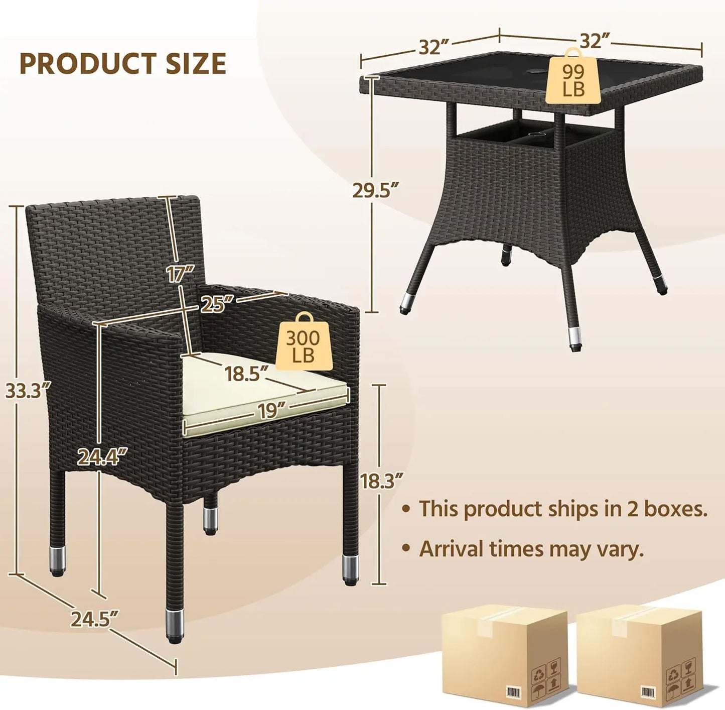 5-Piece Patio Furniture Set, Outdoor Rattan 4 Dining Chairs & Tempered Glass Table with Umbrella Hole, for Garden Backyard Deck