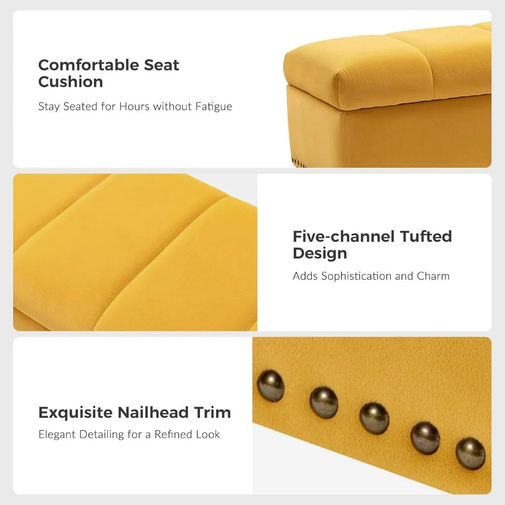 Velvet Flip Top Storage Ottoman Bench With Nailhead Trim