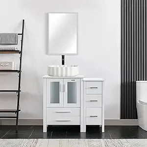 36" Modern Bathroom Vanity Sink Combo White W/Small Side Cabinet Turquoise Square Glass Vessel Sink & Water Save Faucet & Pop U