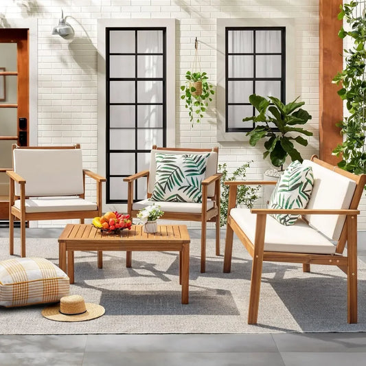 Acacia Wood Outdoor Patio Sofa Set With Table And Cushions