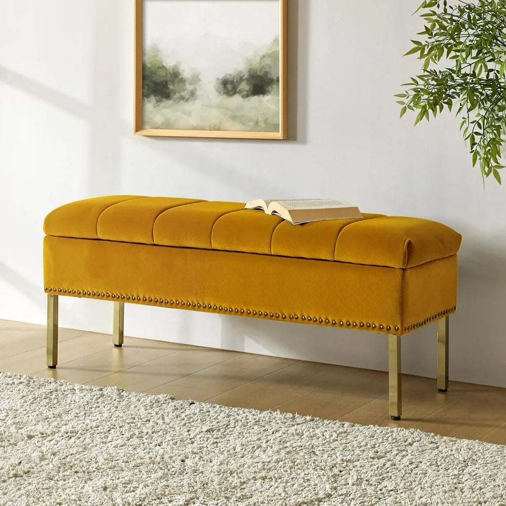 Velvet Flip Top Storage Ottoman Bench With Nailhead Trim