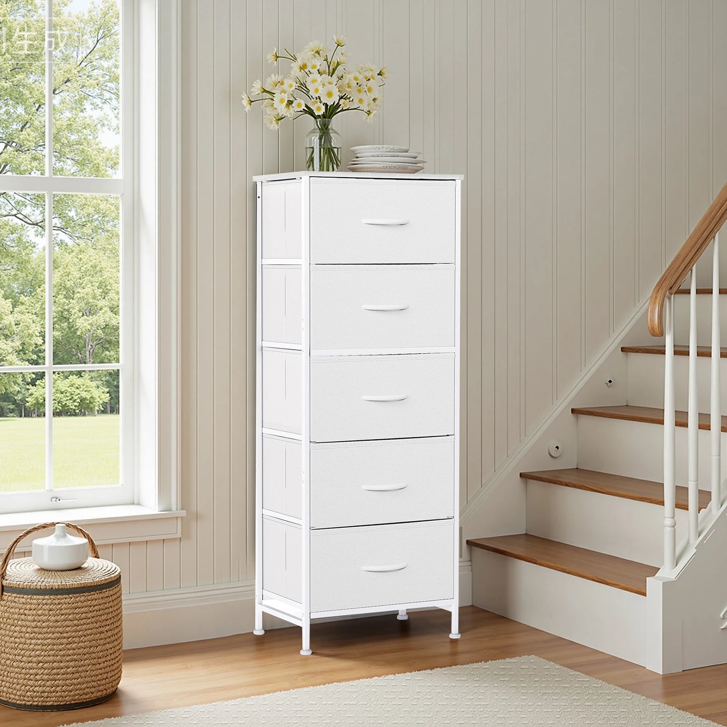 JHK Bedroom Dresser With Five Fabric Drawers Nightstand And Wardrobe