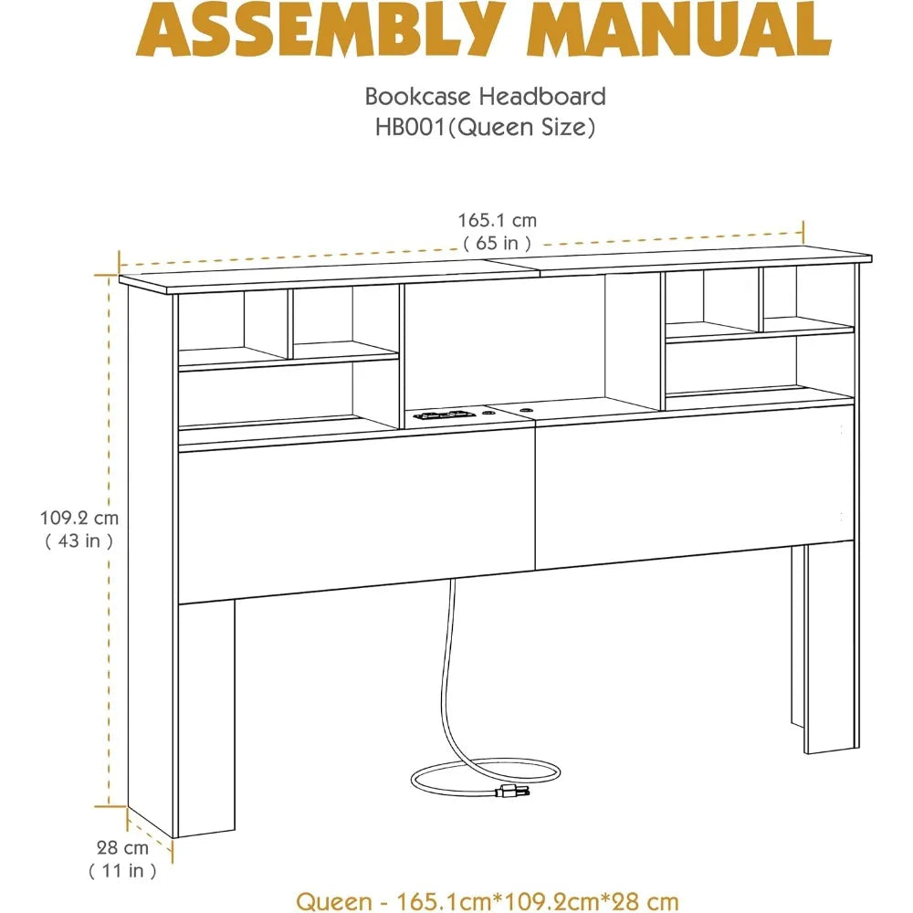 Queen/Full Size Headboard Only for Bedroom, Wood Bookcase Headboard with Charging Station & 2 LED Lights, Stylish Queen Headboar