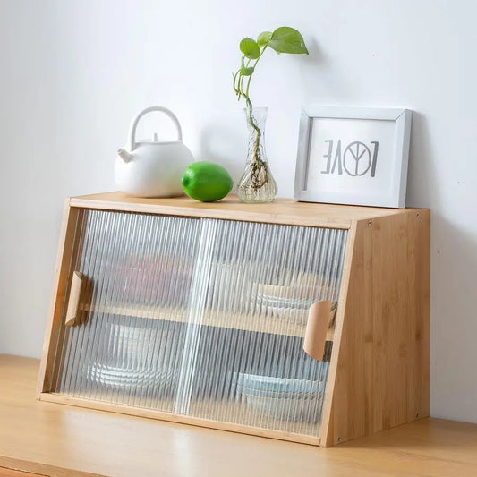 Small Bamboo Kitchen Pantry Cabinet With Glass Doors For Dining