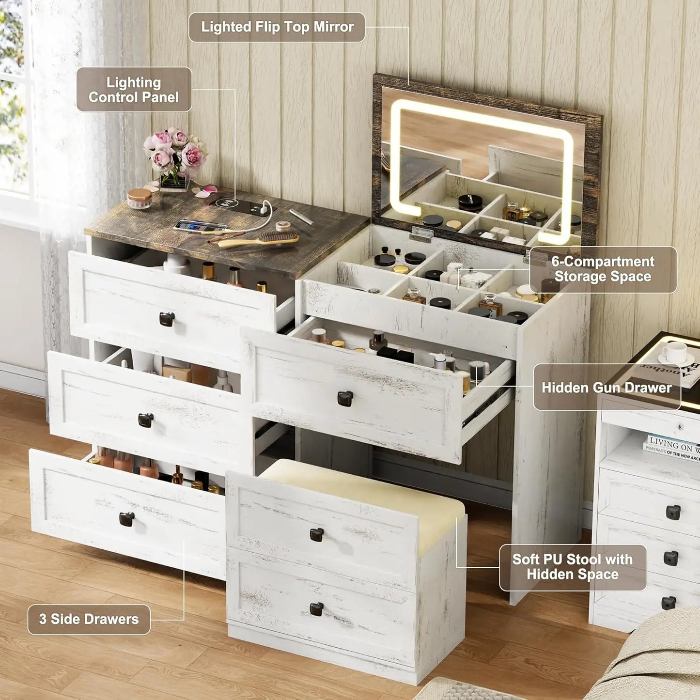 Vanity Desk With Flip Top Mirror Lights And Gun Drawer