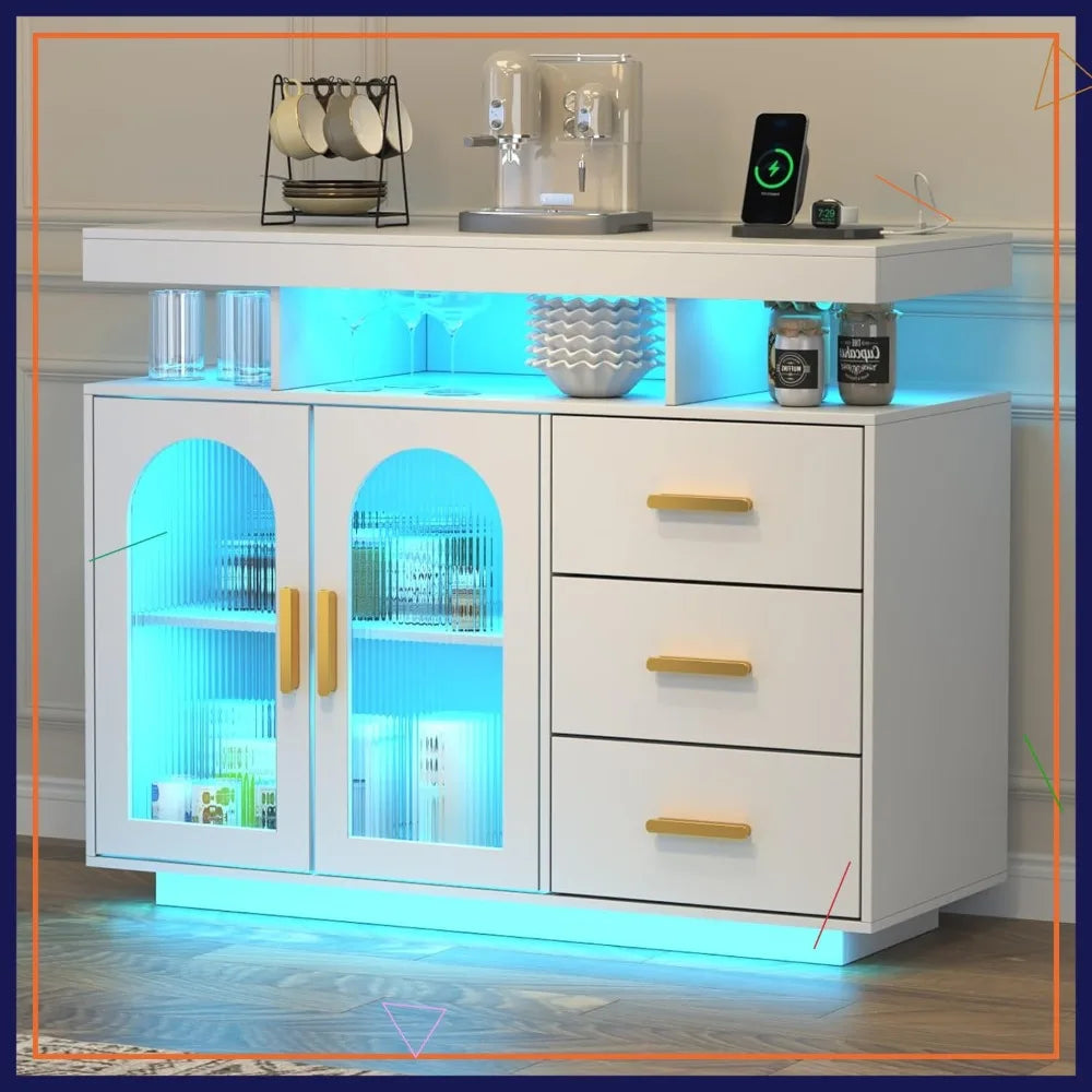 Modern LED Sideboard Buffet Cabinet With Charging Station And Lights