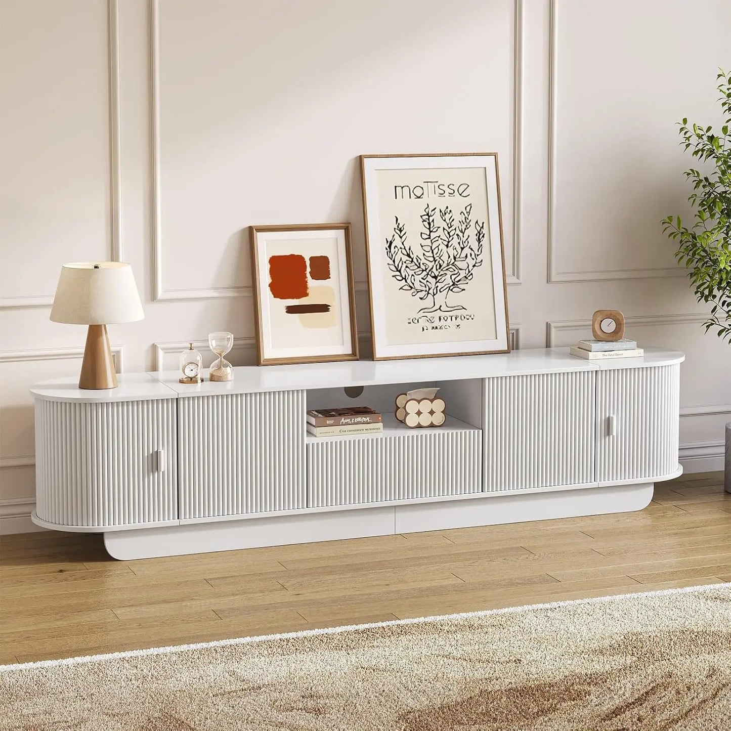 86.61'' Tambour TV Stand for 55-85 Inch, Modern Entertainment Center with Large Storage Cabinet & Open Shelves, TV Console