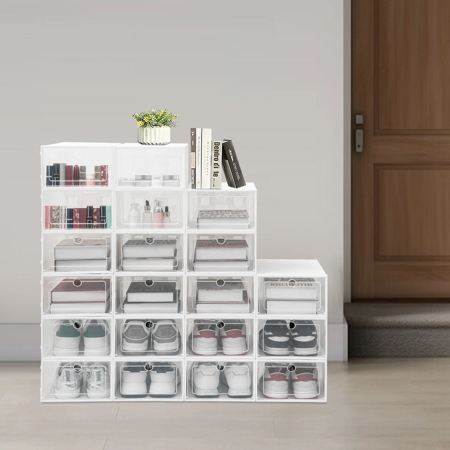 20/24 PCS Shoe Boxes White Large (Round Hole/Love) Thick Version,Transparent Shoes Organizers,Stackable Combined Shoe Cabinet