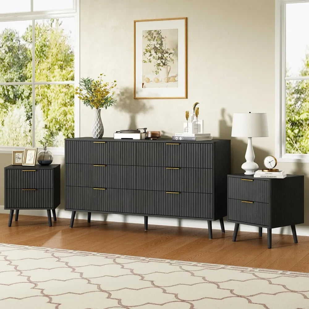 MKDK Modern Dresser And Nightstands 3 Piece Set Lacquer Finish