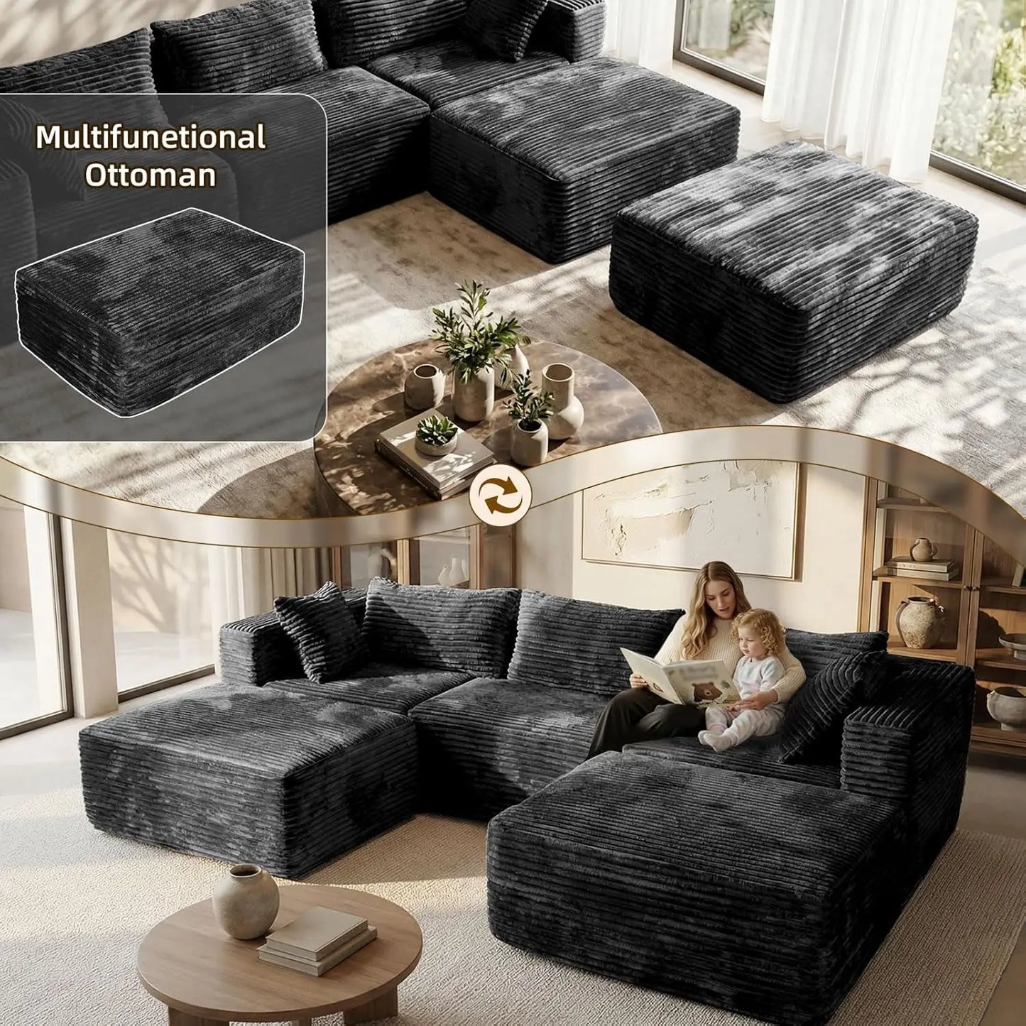 Modular Sectional Sofa With Ottomans Corduroy Upholstery