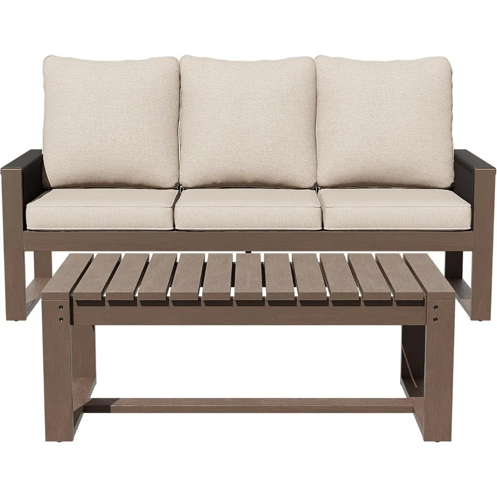 MKDK Patio Wood and PET Rope Sofa With Coffee Table