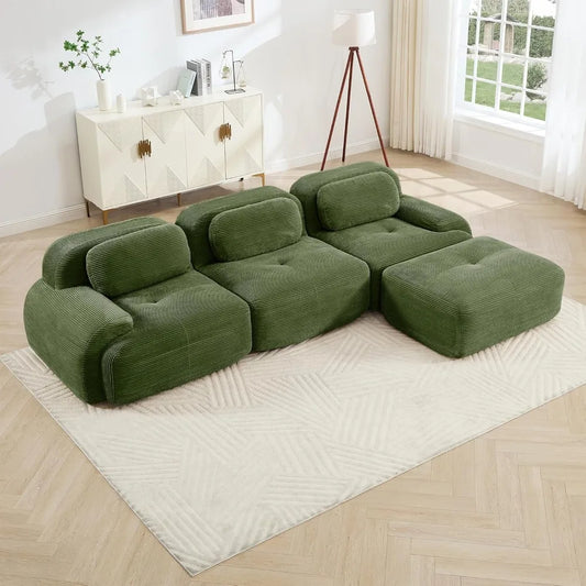 ZHUXIANG Modern Corduroy Cloud L Shaped Sofa With Ottoman