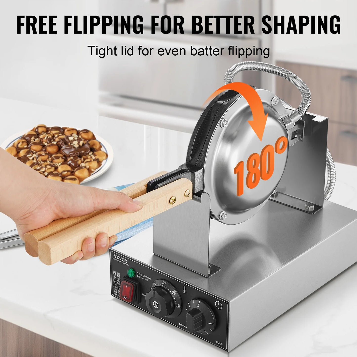 VEVOR Bubble Waffle Maker Commercial 180 Rotatable Nonstick 2 Pans