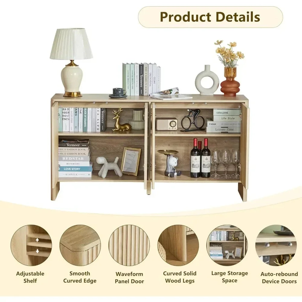 Sideboard Buffets Cabinet, Modern Accent Storage Cabinet with 4 Fluted Doors and Adjustable Shelves