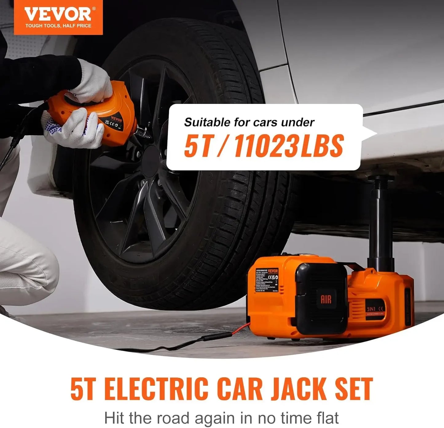 Electric Car Jack, 5 Ton/11023 LBS Hydraulic Jack Lift with Electric Impact Wrench, Built-in Inflatable Pump, and LED Light