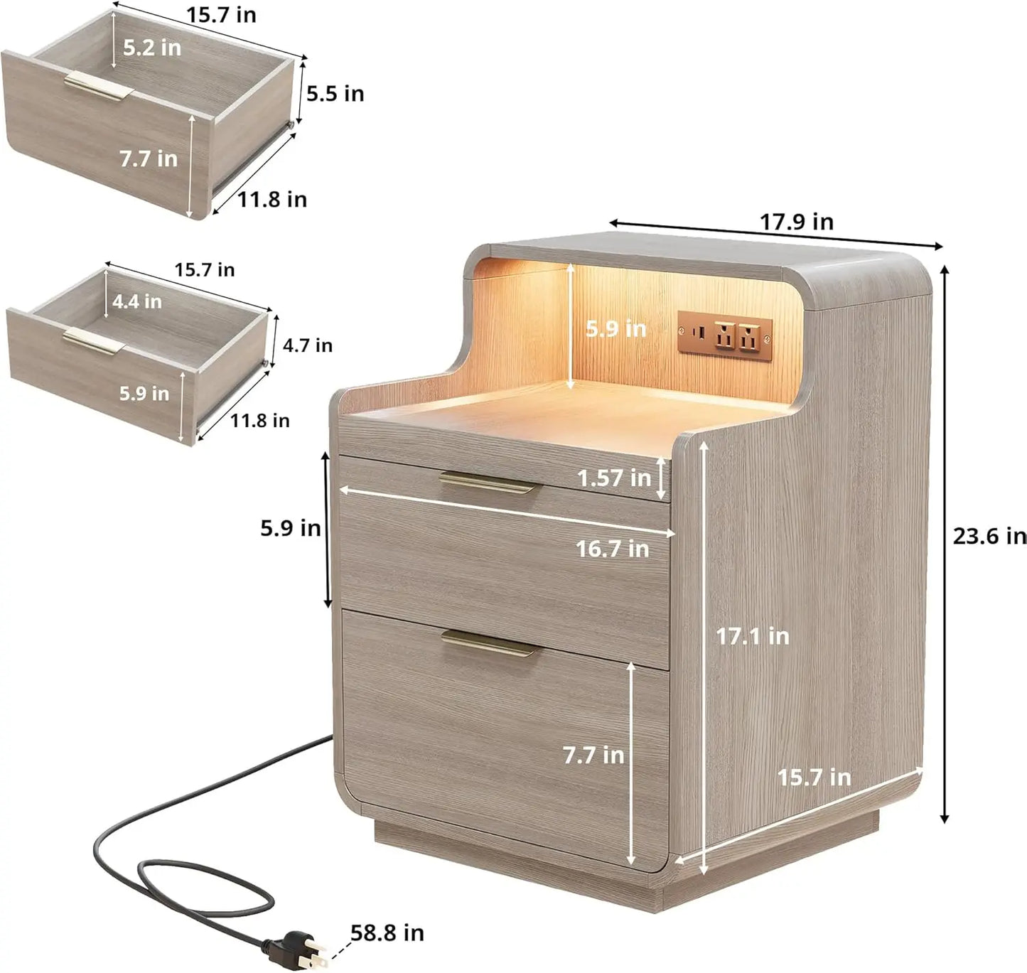 Likimio Nightstand With Charging Station And LED Lights Bedside Table With Pull Out Shelf For Bedroom Black